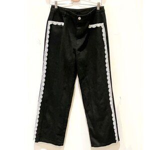 ROMWE Y2K Black denim wide-leg pants, white cotton lace trim, W32”